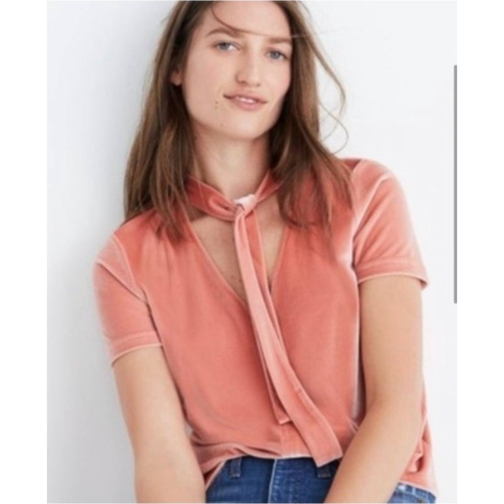 Madewell Womens Dusty Rose Pink Velvet Tie Neck Short Sleeve Top XXS G9083